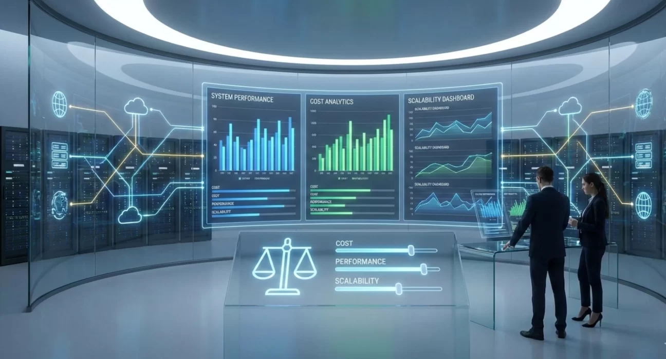 Illustration showing the trade-off triangle of scalability, performance, and cost in enterprise IT systems with gears, servers, and dashboards.