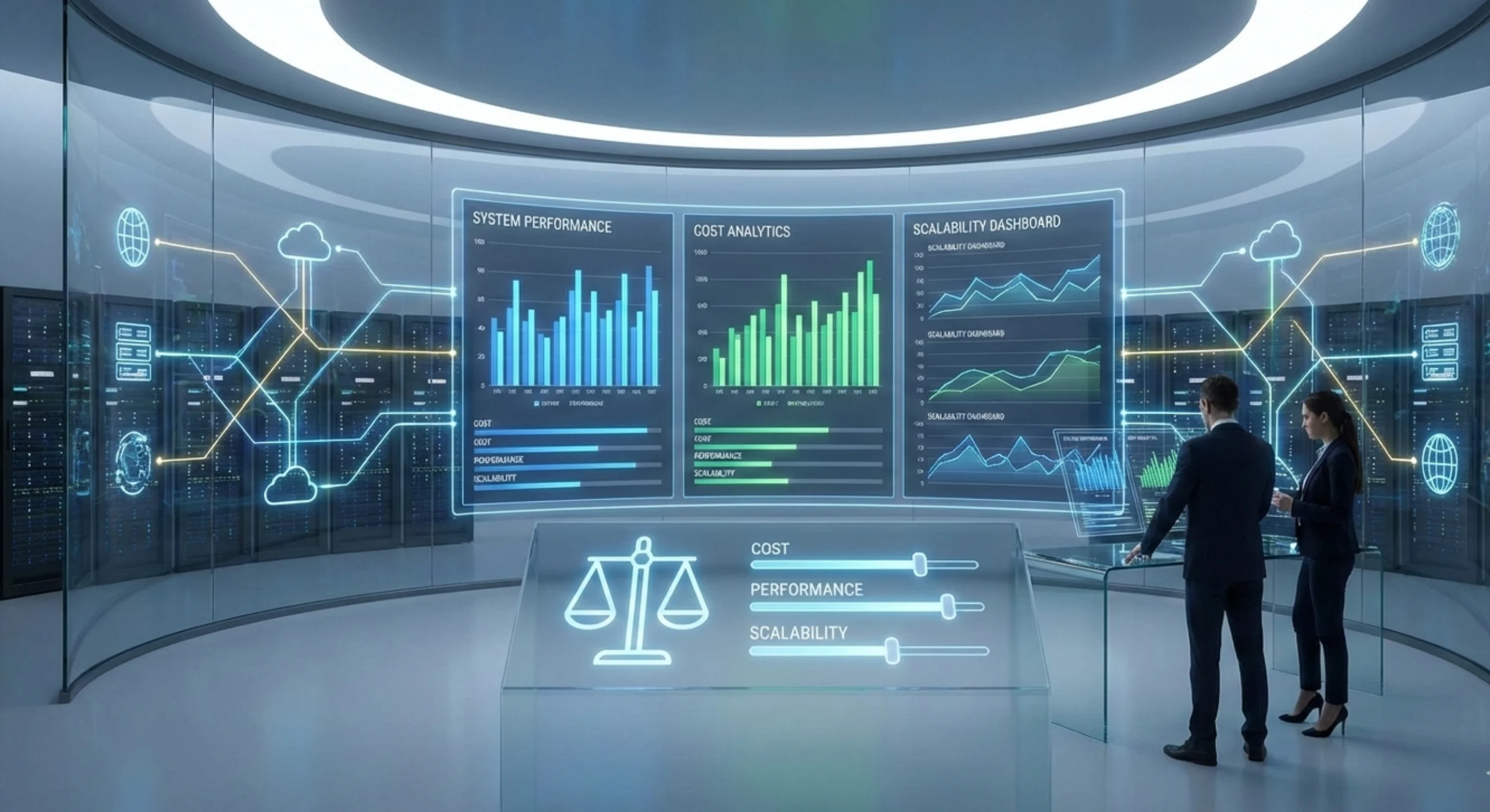 Illustration showing the trade-off triangle of scalability, performance, and cost in enterprise IT systems with gears, servers, and dashboards.