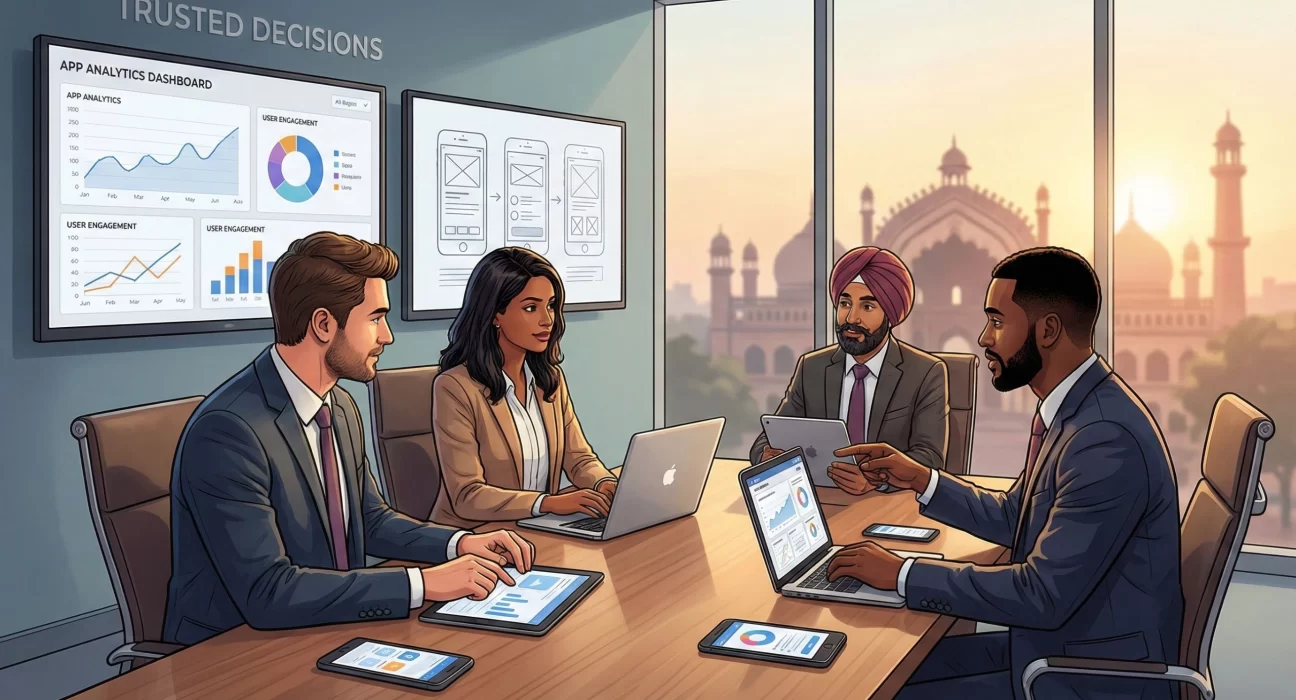 Illustration of business professionals consulting with a mobile app development team in Lucknow, reviewing app analytics dashboards, UI wireframes, and performance data in a modern office with iconic Lucknow architecture visible through the window.