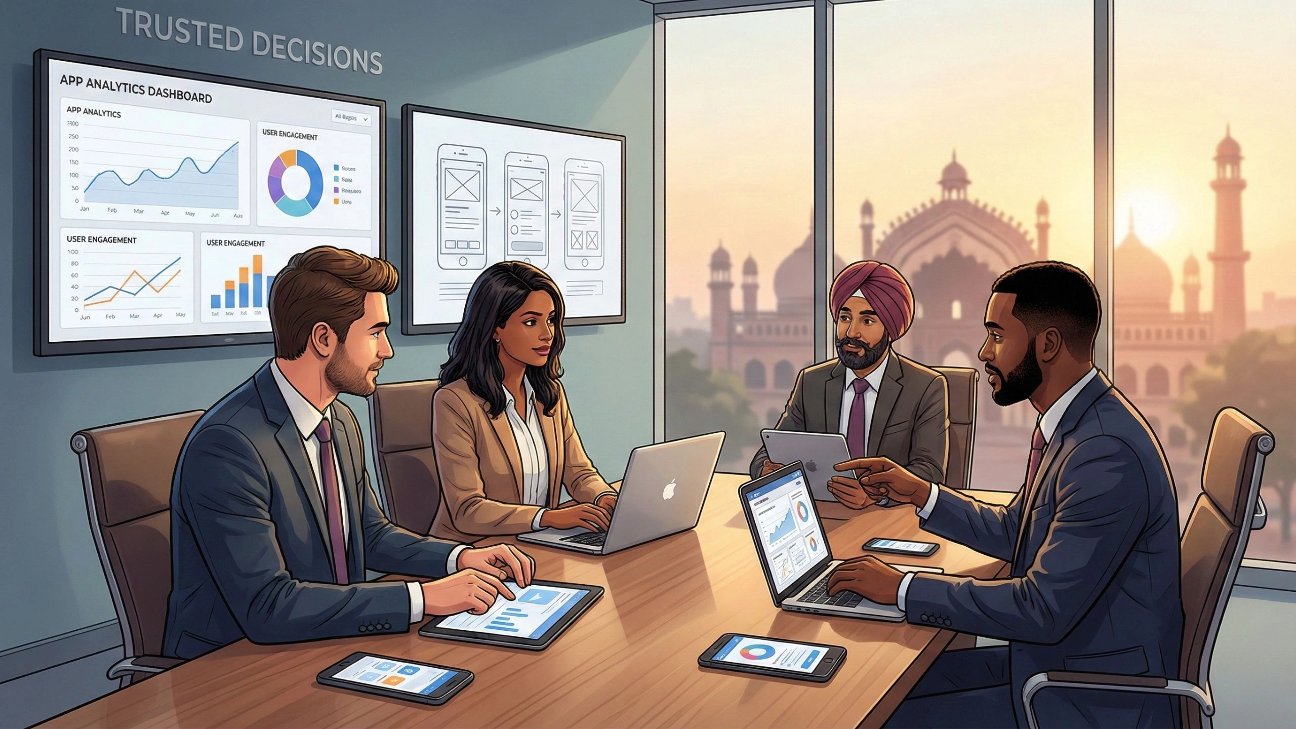 Illustration of business professionals consulting with a mobile app development team in Lucknow, reviewing app analytics dashboards, UI wireframes, and performance data in a modern office with iconic Lucknow architecture visible through the window.