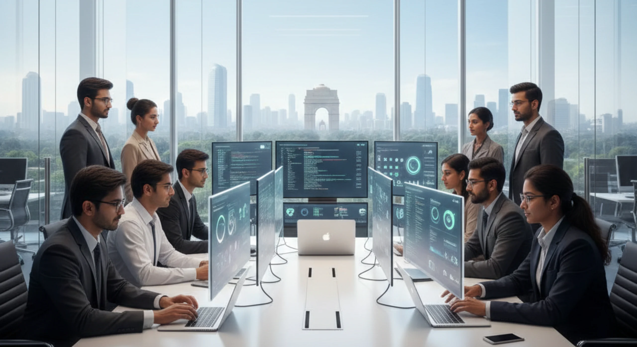 Realistic office scene of mobile app developers in Delhi NCR working on Android and iOS applications.
