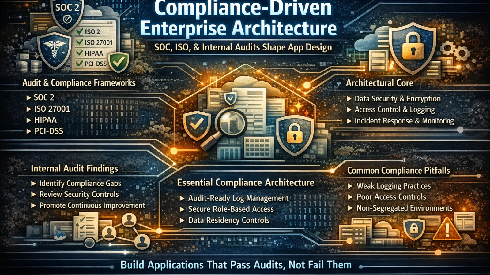 : Diagram showing enterprise application architecture shaped by SOC, ISO, and internal audit requirements.