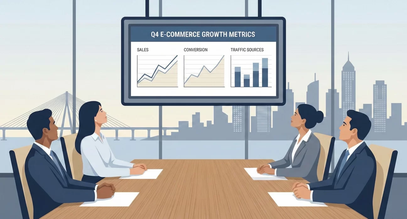 Corporate illustration of a business meeting reviewing Q4 ecommerce growth metrics, including sales, conversion rates, and traffic sources on a presentation screen, with the Mumbai skyline and Bandra–Worli Sea Link visible through office windows.