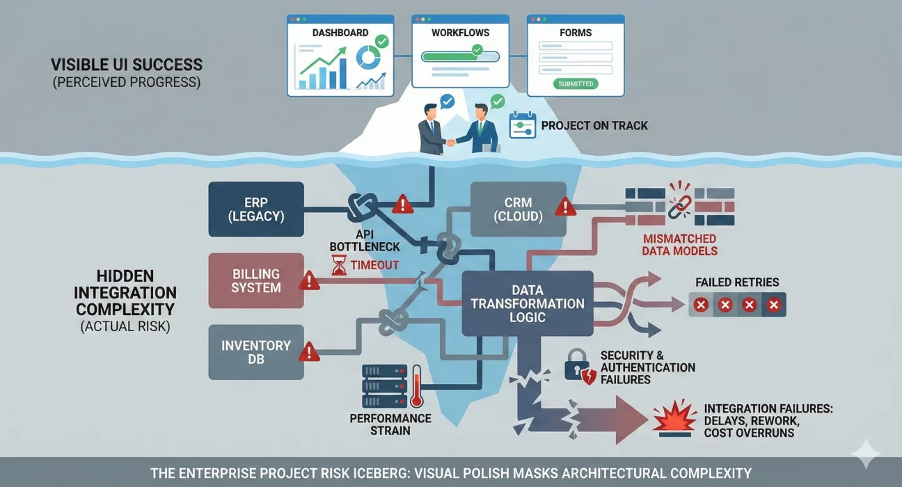 An infographic titled "The Enterprise Project Risk Iceberg" illustrating the disparity between perceived progress and actual technical risk. Above the waterline, "Visible UI Success" shows polished dashboards, workflows, and forms with a "Project on Track" status. Below the waterline, "Hidden Integration Complexity" reveals significant risks, including legacy ERP and CRM API bottlenecks, mismatched data models, performance strain, and security failures. The diagram highlights how these hidden issues lead to integration failures characterized by delays, rework, and cost overruns, emphasizing that visual polish often masks deep architectural challenges.