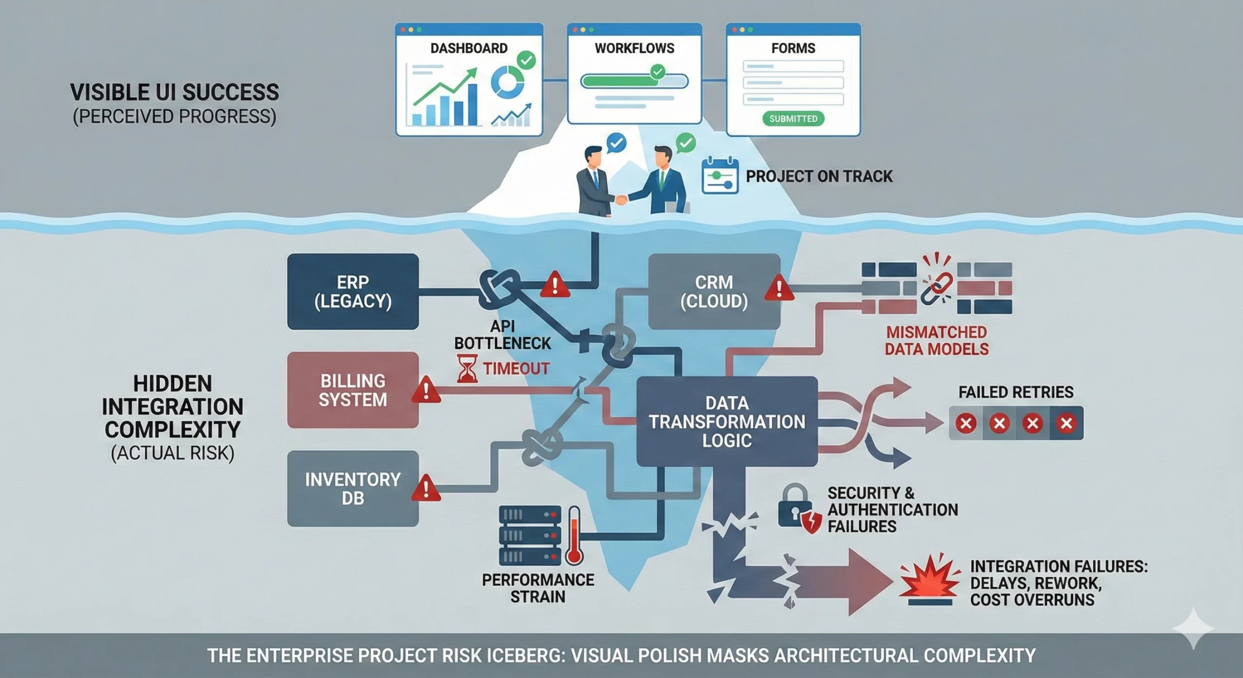 An infographic titled "The Enterprise Project Risk Iceberg" illustrating the disparity between perceived progress and actual technical risk. Above the waterline, "Visible UI Success" shows polished dashboards, workflows, and forms with a "Project on Track" status. Below the waterline, "Hidden Integration Complexity" reveals significant risks, including legacy ERP and CRM API bottlenecks, mismatched data models, performance strain, and security failures. The diagram highlights how these hidden issues lead to integration failures characterized by delays, rework, and cost overruns, emphasizing that visual polish often masks deep architectural challenges.