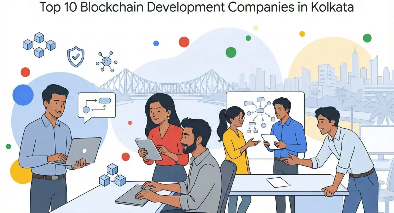 Illustration of a blockchain development team collaborating with laptops and tablets, discussing decentralized systems and smart contract workflows, set against the Kolkata skyline with the Howrah Bridge, representing top blockchain development companies in Kolkata.