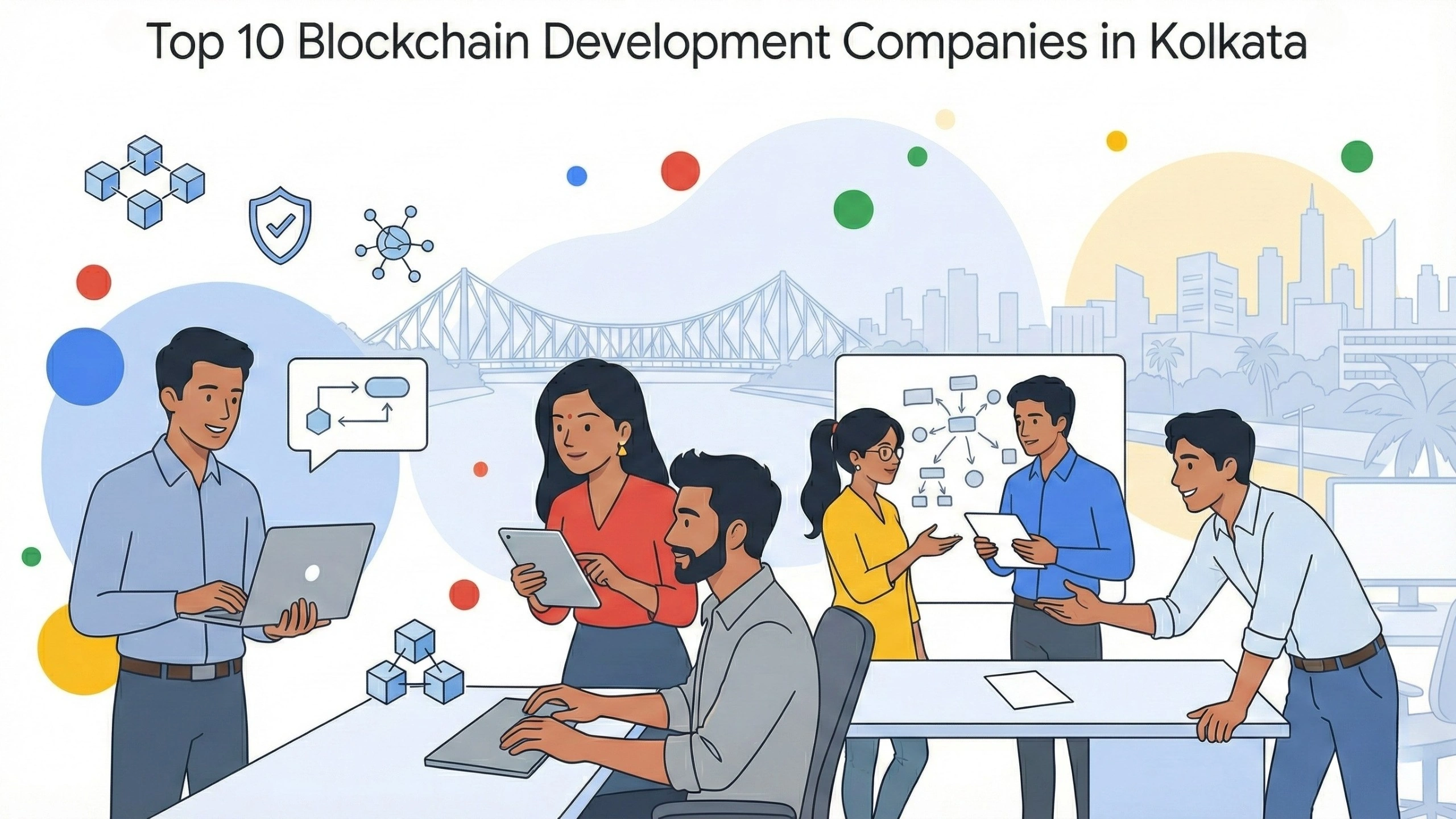 Illustration of a blockchain development team collaborating with laptops and tablets, discussing decentralized systems and smart contract workflows, set against the Kolkata skyline with the Howrah Bridge, representing top blockchain development companies in Kolkata.