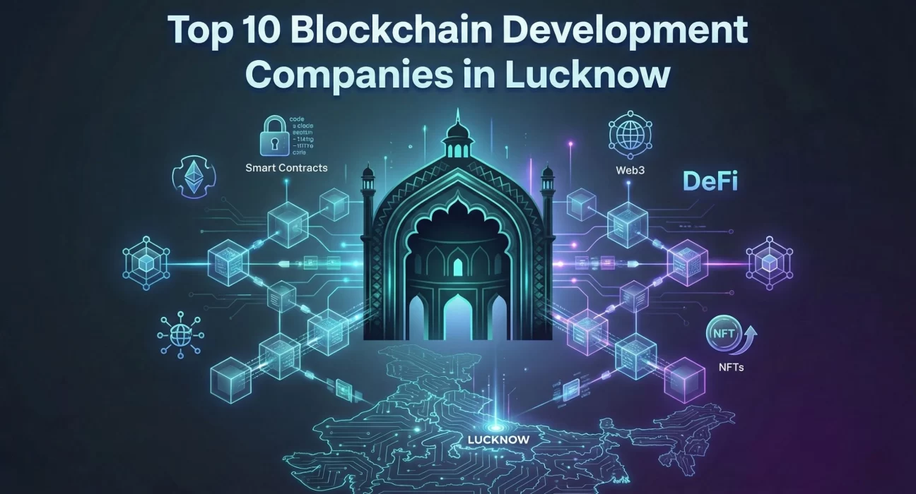 Glowing digital art of the Lucknow skyline with a map of Uttar Pradesh, highlighting Smart Contracts and DeFi technology nodes.