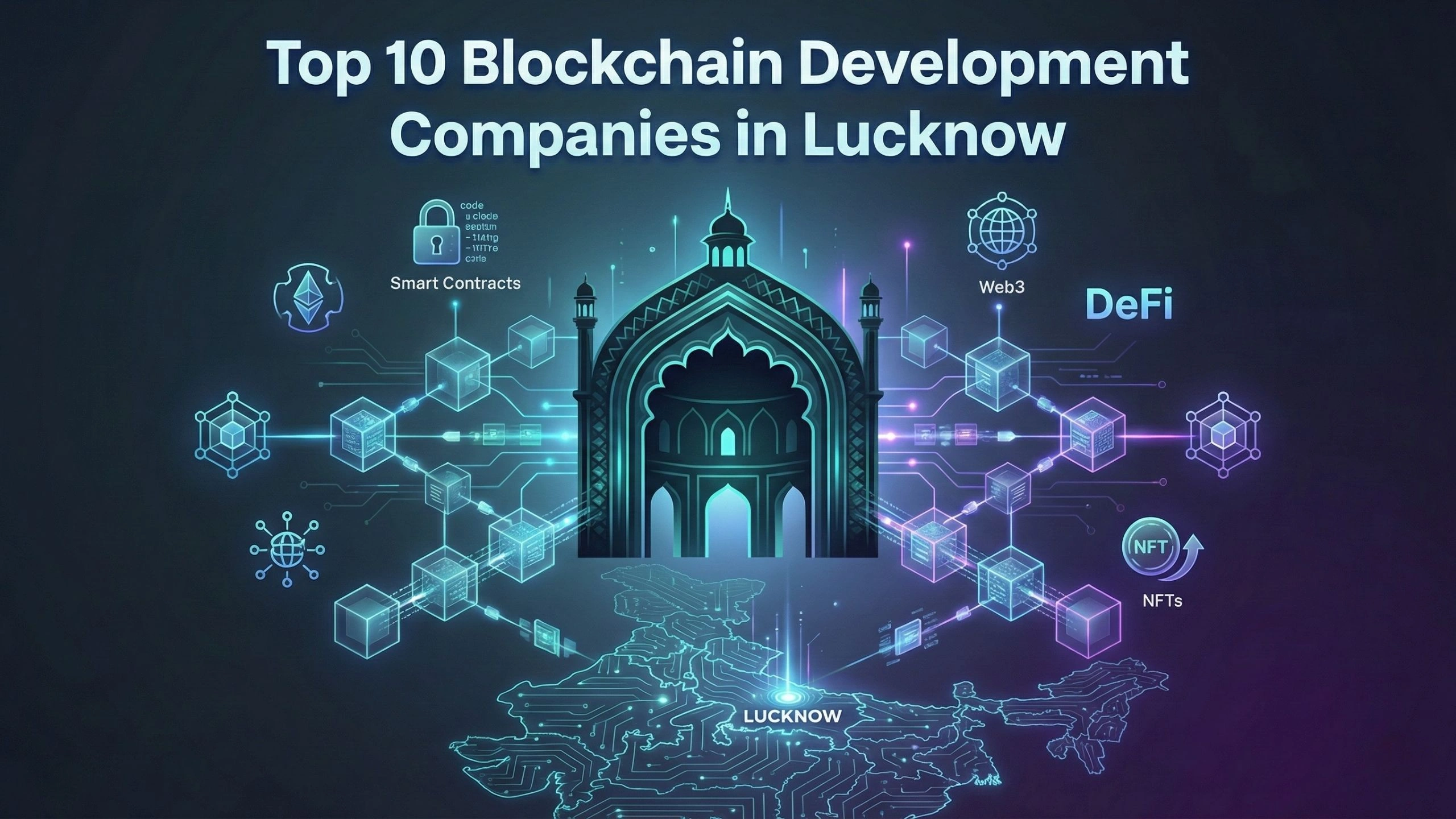 Glowing digital art of the Lucknow skyline with a map of Uttar Pradesh, highlighting Smart Contracts and DeFi technology nodes.