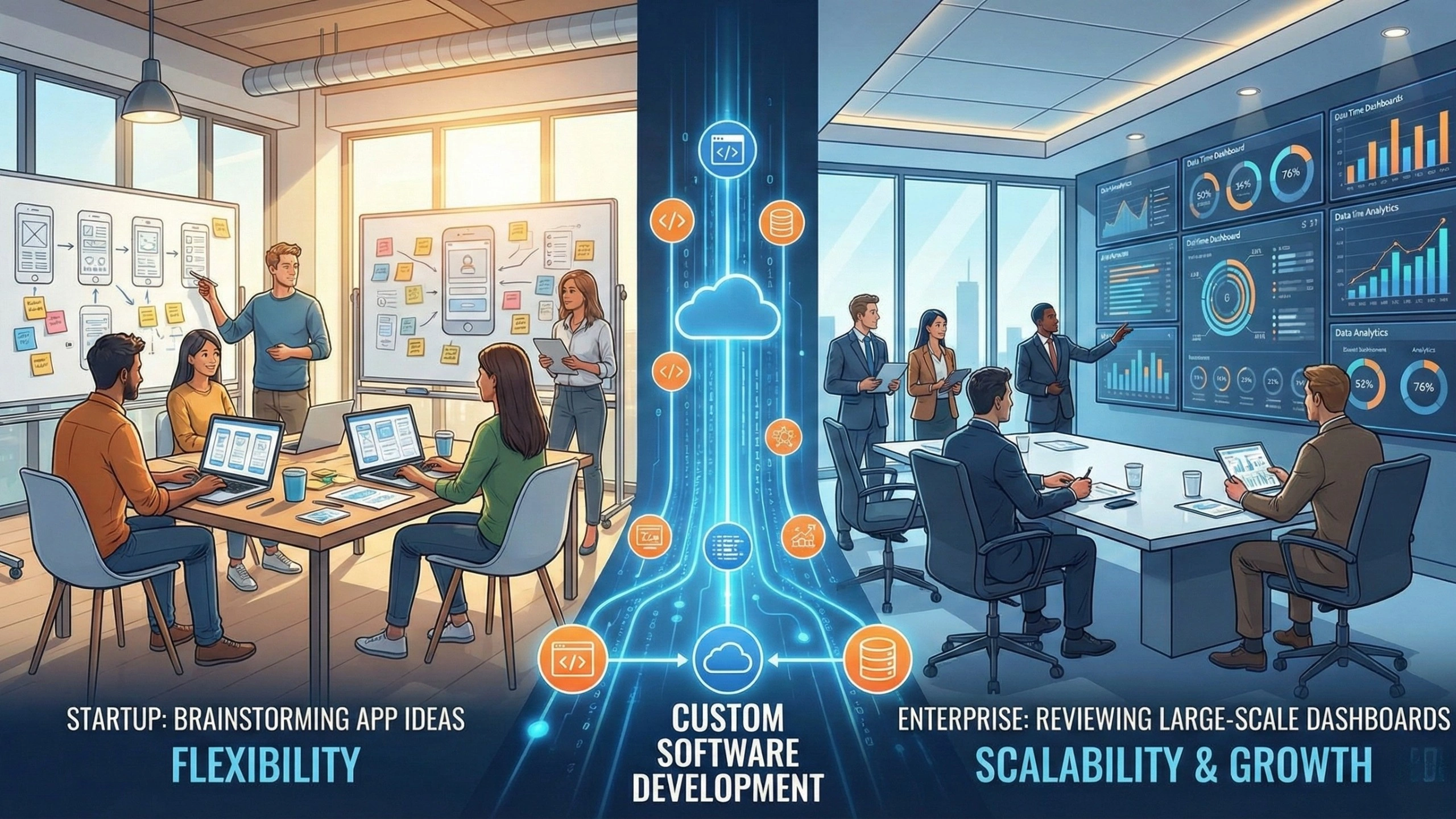 Split illustration showing startup teams brainstorming app ideas with wireframes and laptops on one side and enterprise professionals reviewing large-scale analytics dashboards on the other, connected through a central custom software development and cloud infrastructure highlighting flexibility, scalability, and business growth.