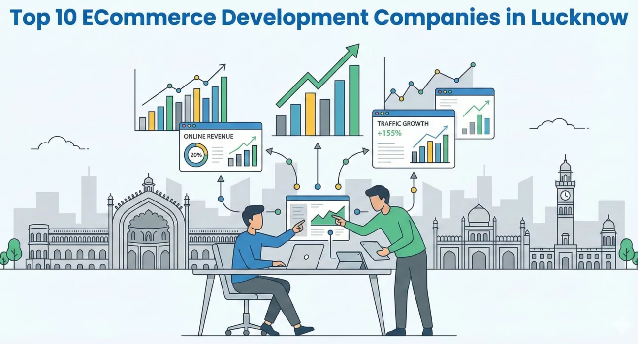 A flat-style illustration featuring two men at a desk with laptops looking at data visualizations. Floating above them are bar graphs and line charts showing significant increases in traffic and revenue, with the silhouette of Lucknow landmarks in the background.