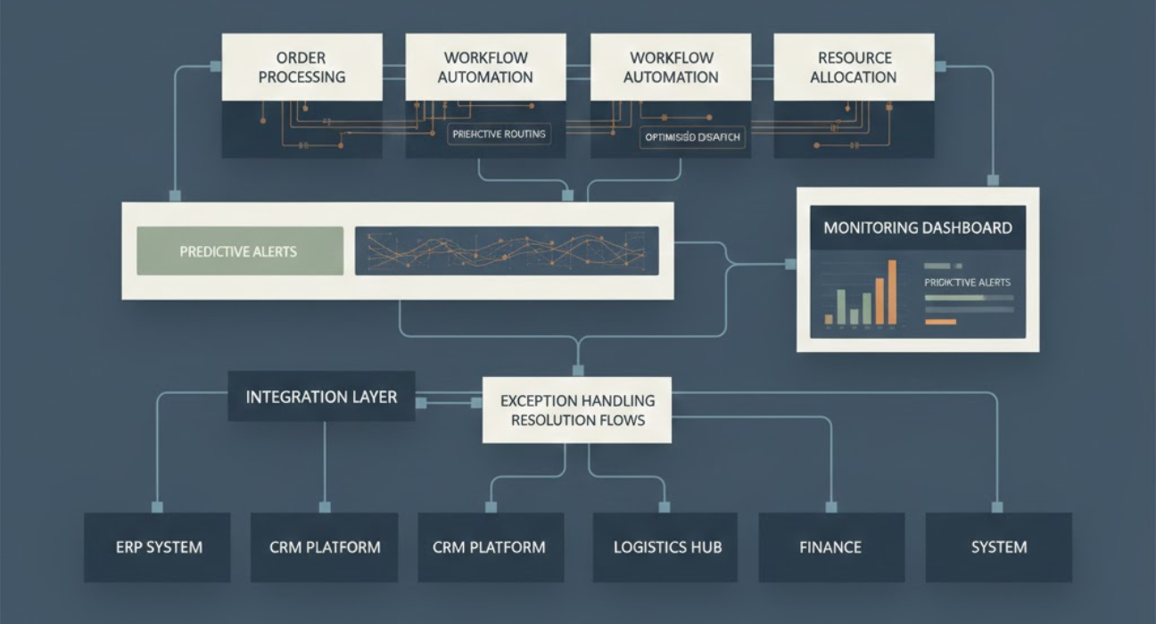 Diagram illustrating AI embedded into core enterprise operations, showing intelligent workflow routing, exception handling, predictive insights, and unified operational systems without human intervention.