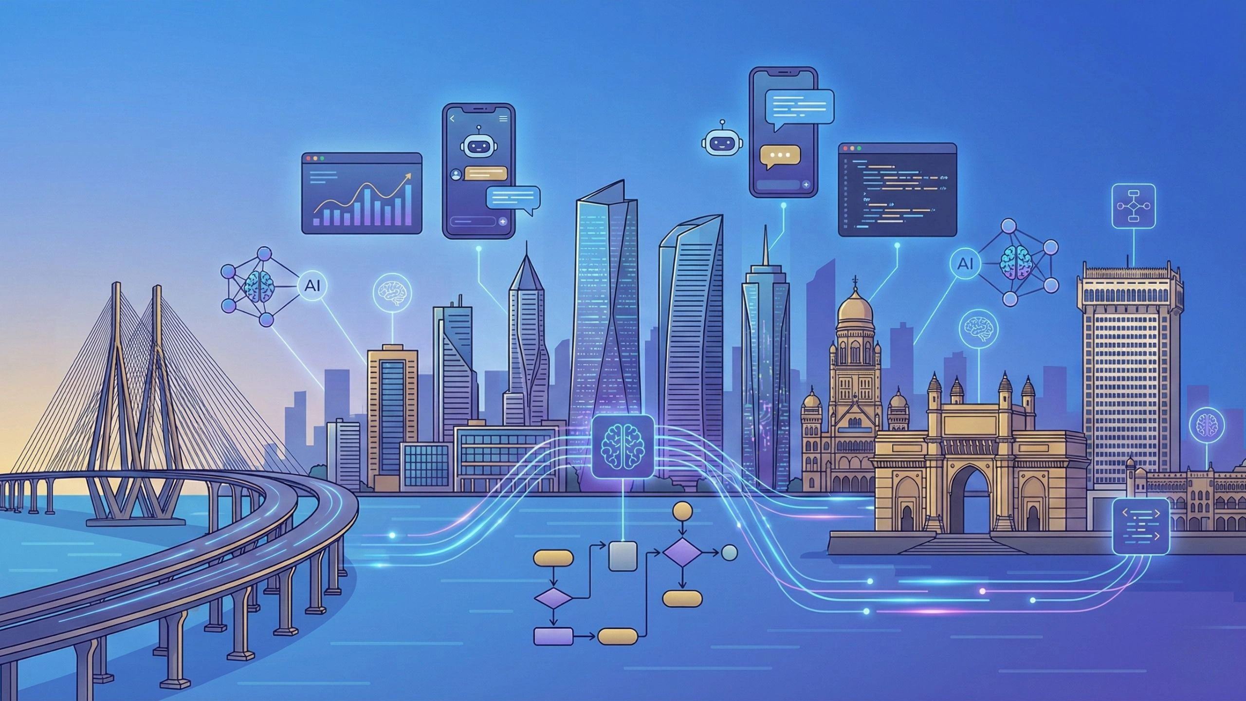 Illustration of Mumbai skyline featuring the Bandra–Worli Sea Link and Gateway of India, integrated with mobile app development, AI workflows, chatbots, data analytics, and digital transformation concepts.