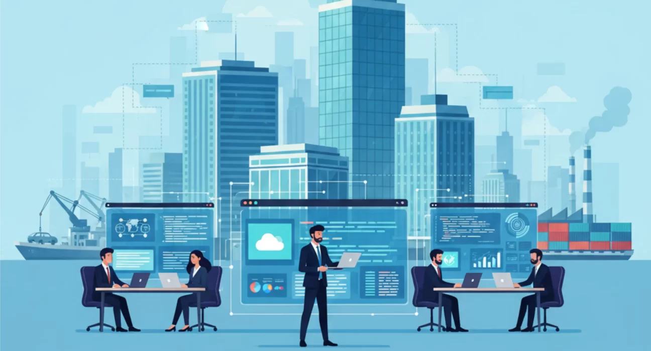 Illustration of Chennai city skyline with software development teams collaborating on cloud platforms, dashboards, and custom enterprise software solutions.