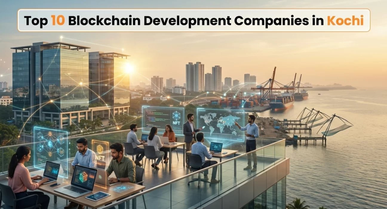 Blockchain developers working in Kochi with Infopark buildings, Cochin Port, and Chinese fishing nets showcasing Web3 and blockchain technology.