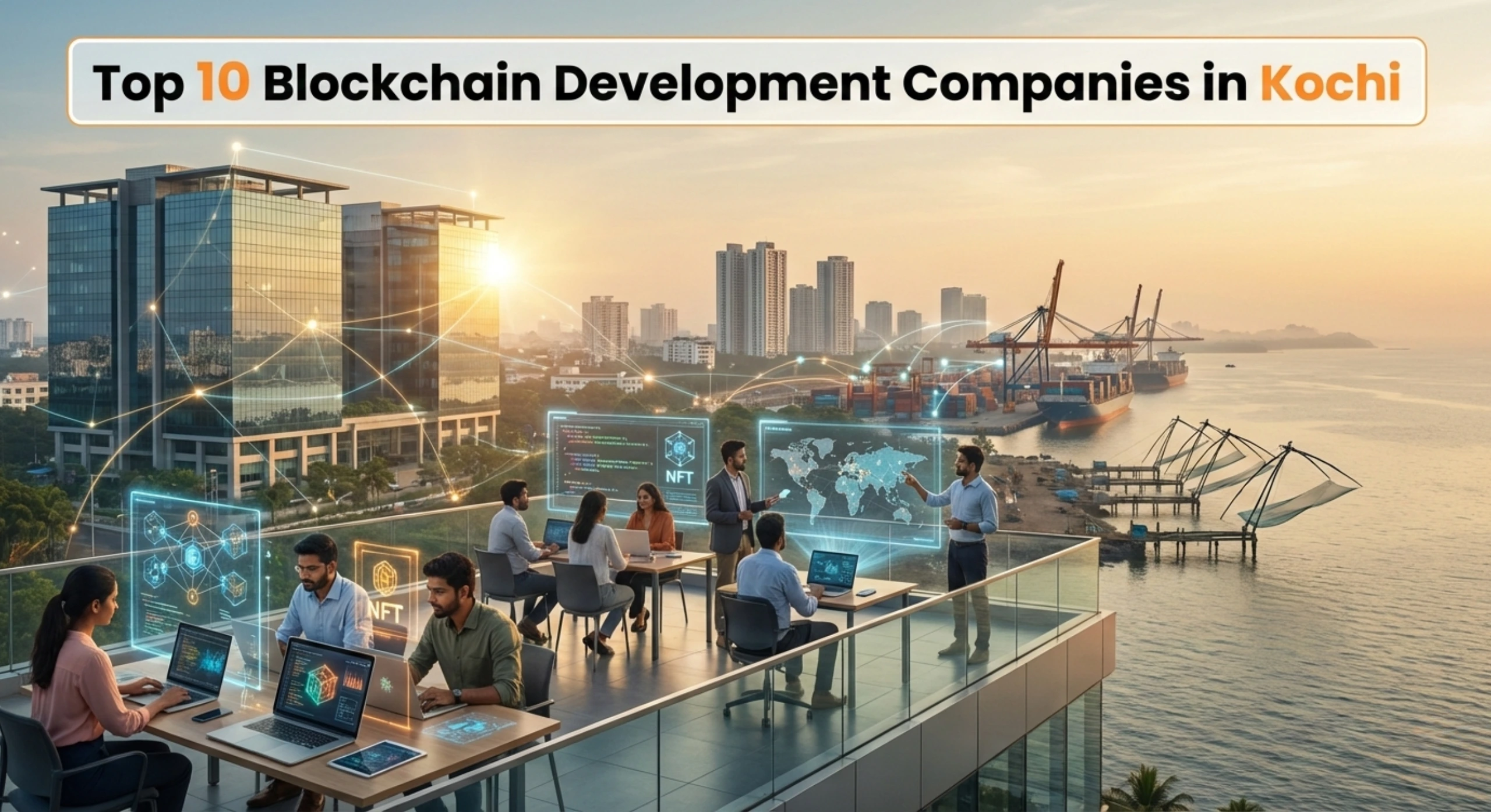 Blockchain developers working in Kochi with Infopark buildings, Cochin Port, and Chinese fishing nets showcasing Web3 and blockchain technology.