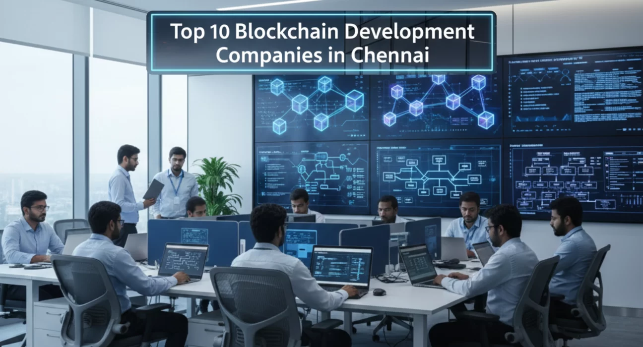 Blockchain developers working in a modern Chennai office with large screens displaying blockchain architecture, smart contracts, and decentralised network diagrams.