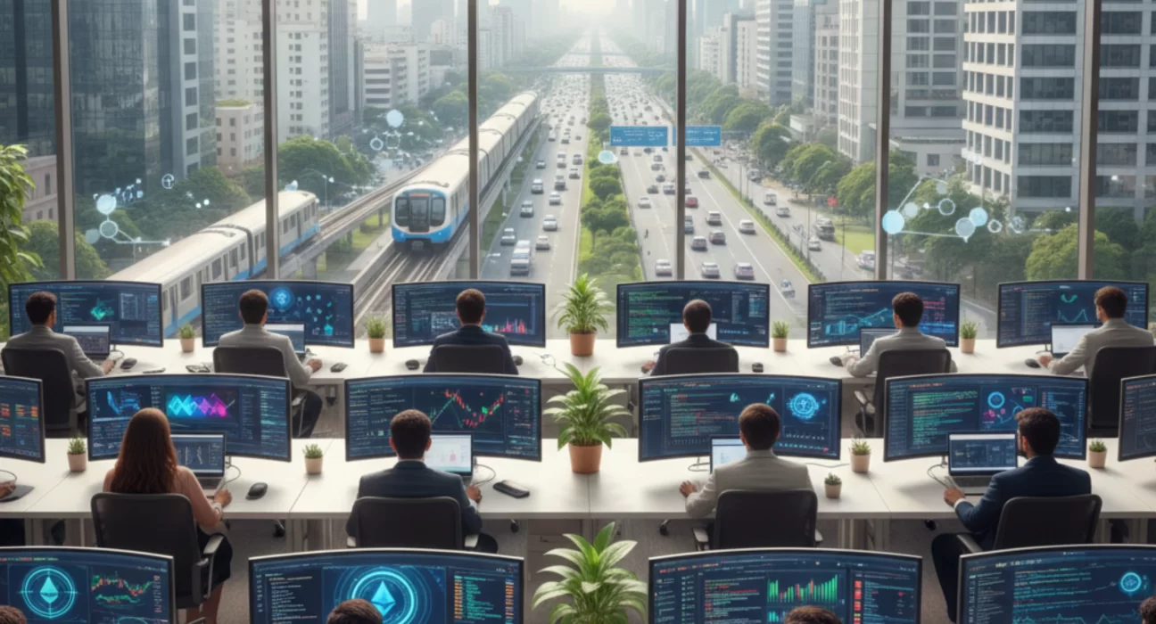 Blockchain developers working in a modern Noida office with metro rail and expressway view, monitoring smart contracts and enterprise blockchain dashboards.