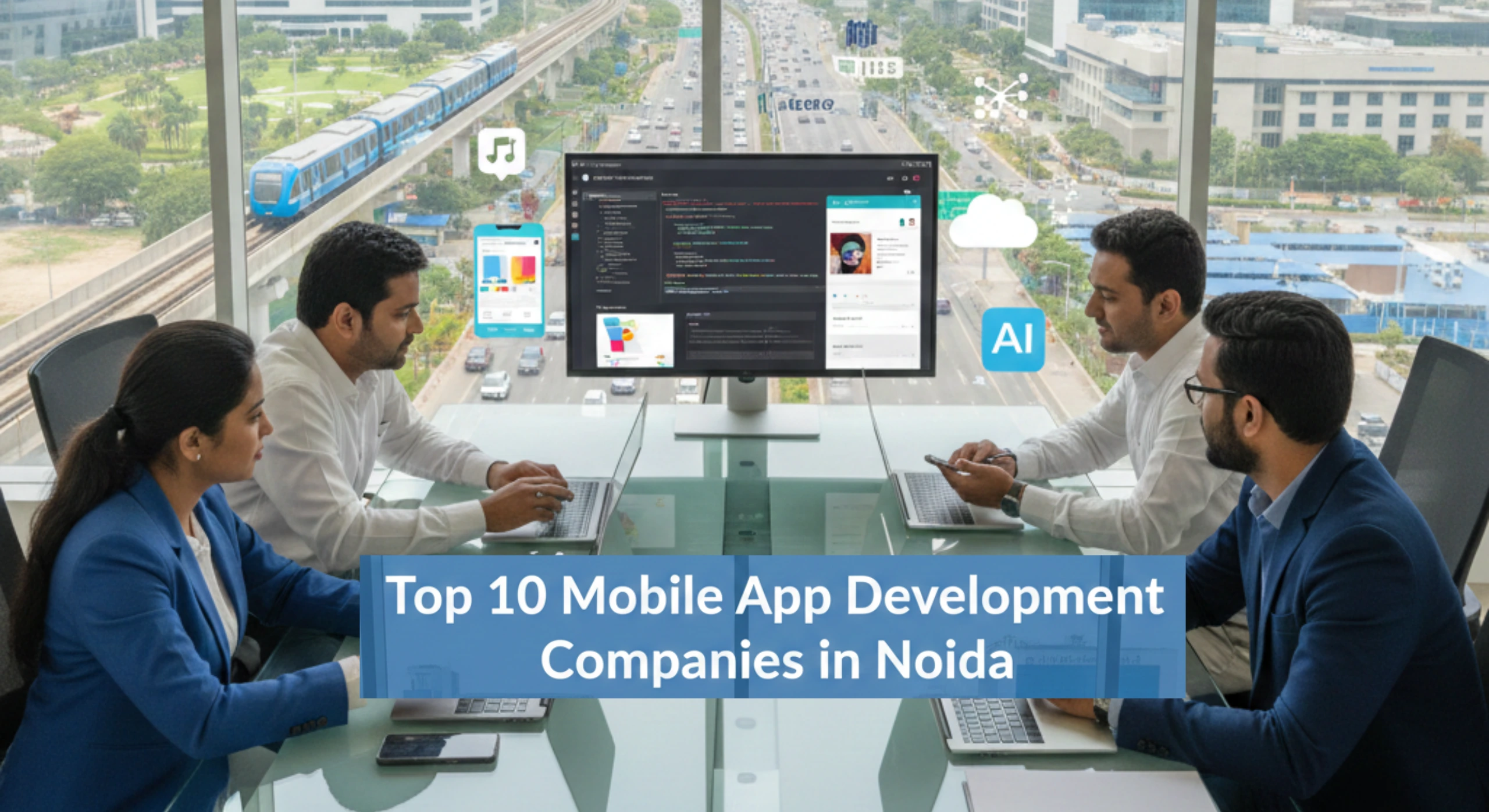 Mobile app developers in a modern Noida IT office collaborating on Android and iOS applications with Noida Metro, expressway, and city skyline visible.