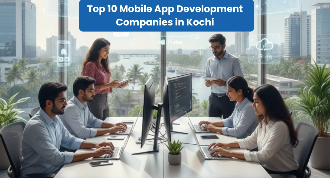Team of software developers working on mobile app development in a modern office in Kochi