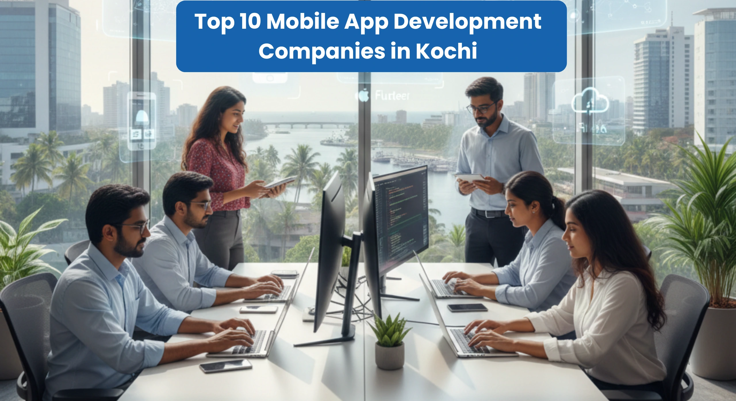 Team of software developers working on mobile app development in a modern office in Kochi