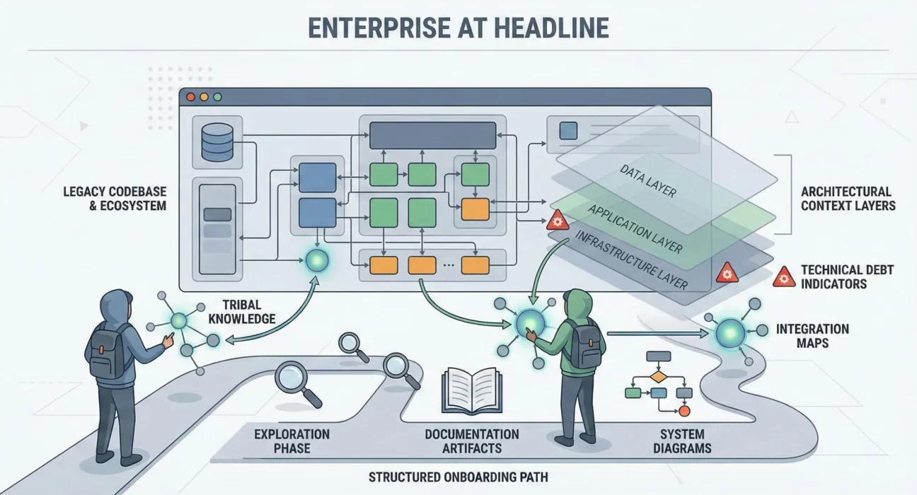 Enterprise engineering onboarding challenges illustration showing developers navigating complex legacy systems, integrations, dependencies, and governance workflows