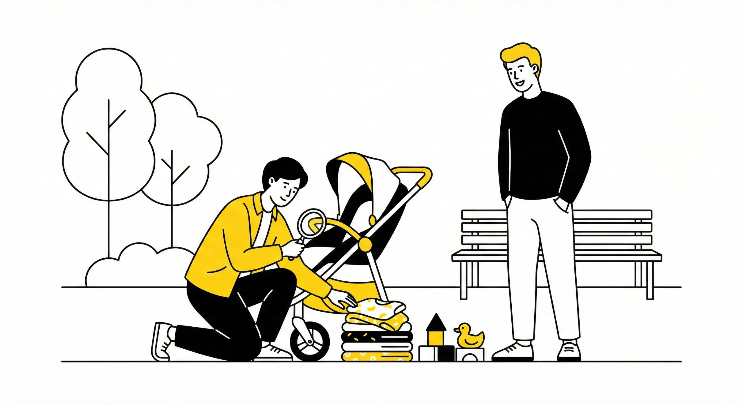 Parent inspecting used kids’ items with another parent before local purchase