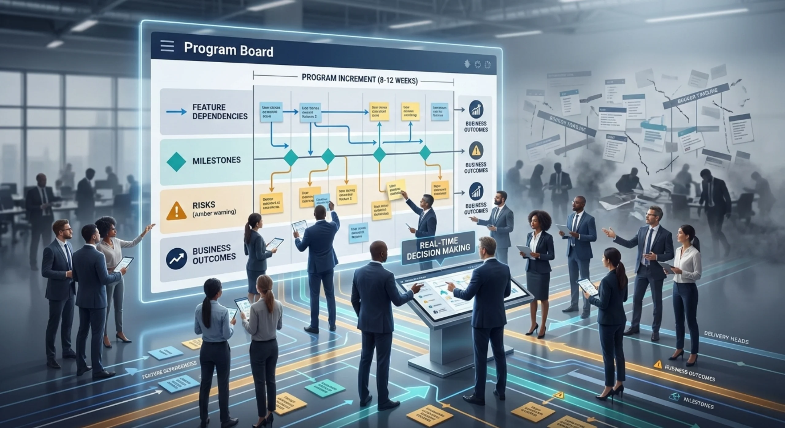 Program Increment Planning for enterprise-scale software development showing cross-team coordination, dependency management, and executive oversight