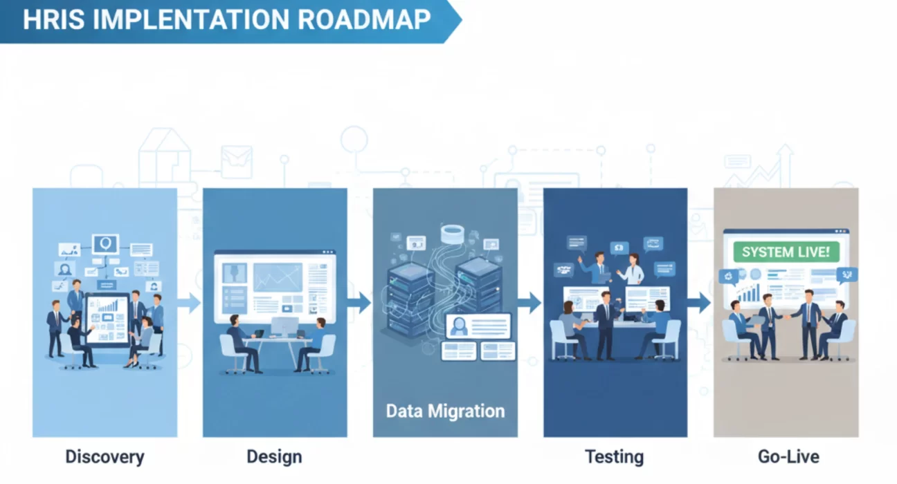 Enterprise HRIS implementation roadmap with planning, migration, and go-live