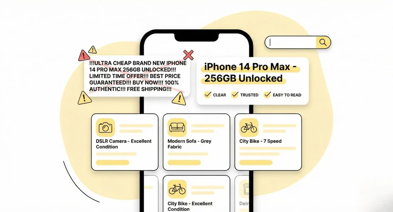 Over-optimised classified listing title compared with a simple clear title that sells faster
