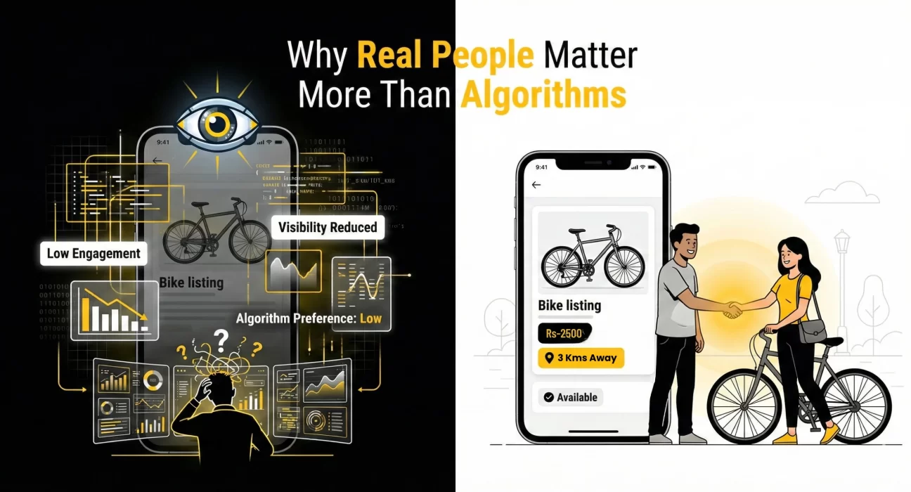 Seller frustrated with algorithm-driven marketplace visibility compared to successful local bike sale through direct buyer connection