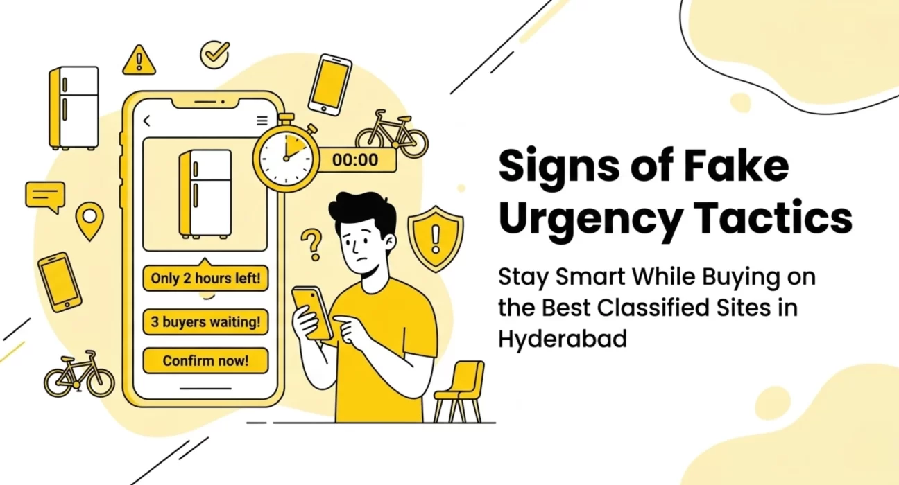 Buyer noticing fake urgency tactics like countdown timers and pressure messages while browsing best classified sites in Hyderabad for local deals