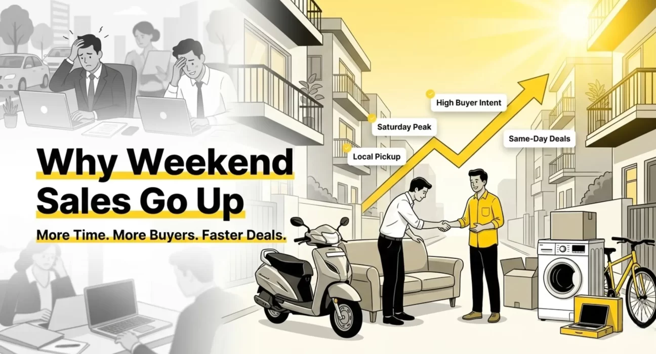 Weekend second-hand buying activity in Hyderabad with local buyer and seller completing deal outside apartment on Saturday morning