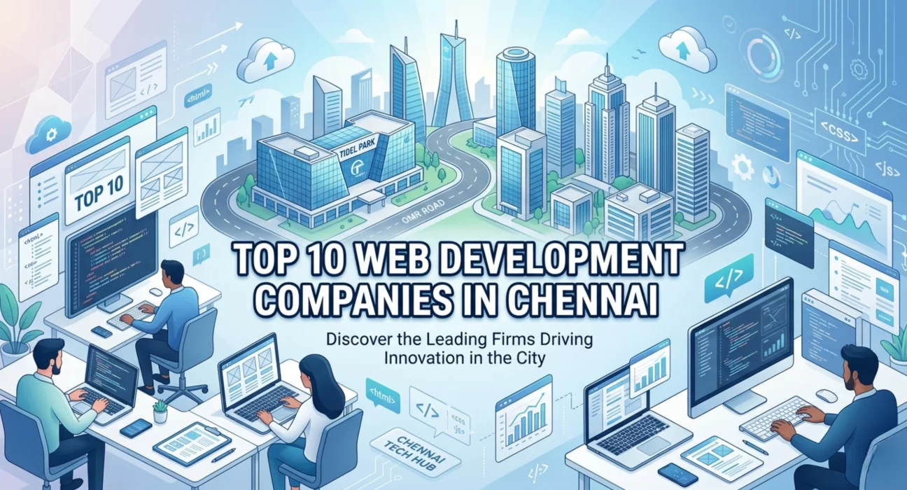 Top 10 Web Development Companies in Chennai banner showing IT hubs and developers