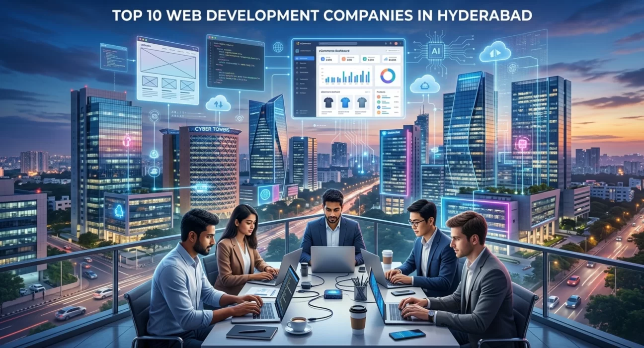 Top 10 Web Development Companies in Hyderabad skyline with IT companies and developers