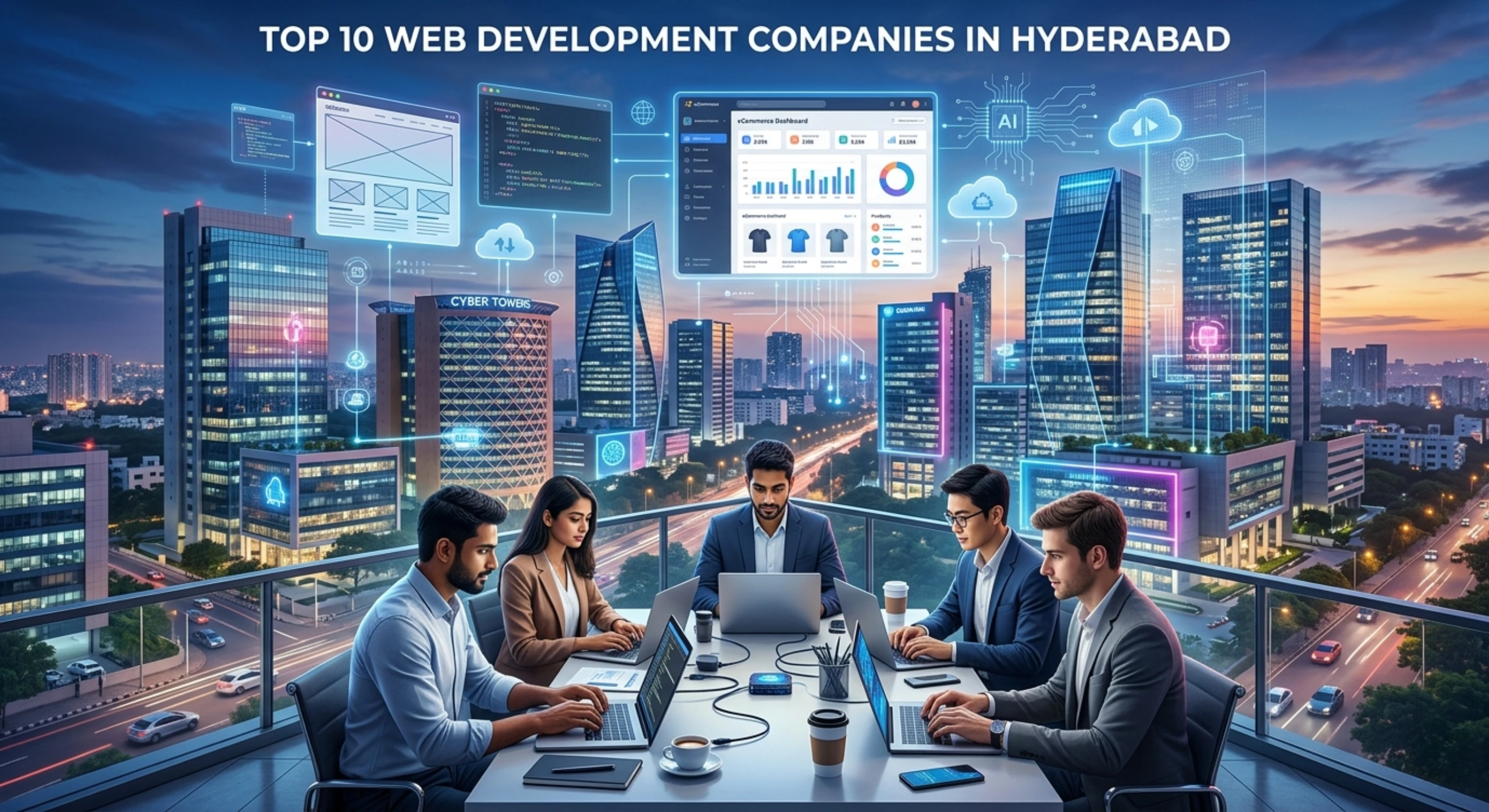 Top 10 Web Development Companies in Hyderabad skyline with IT companies and developers