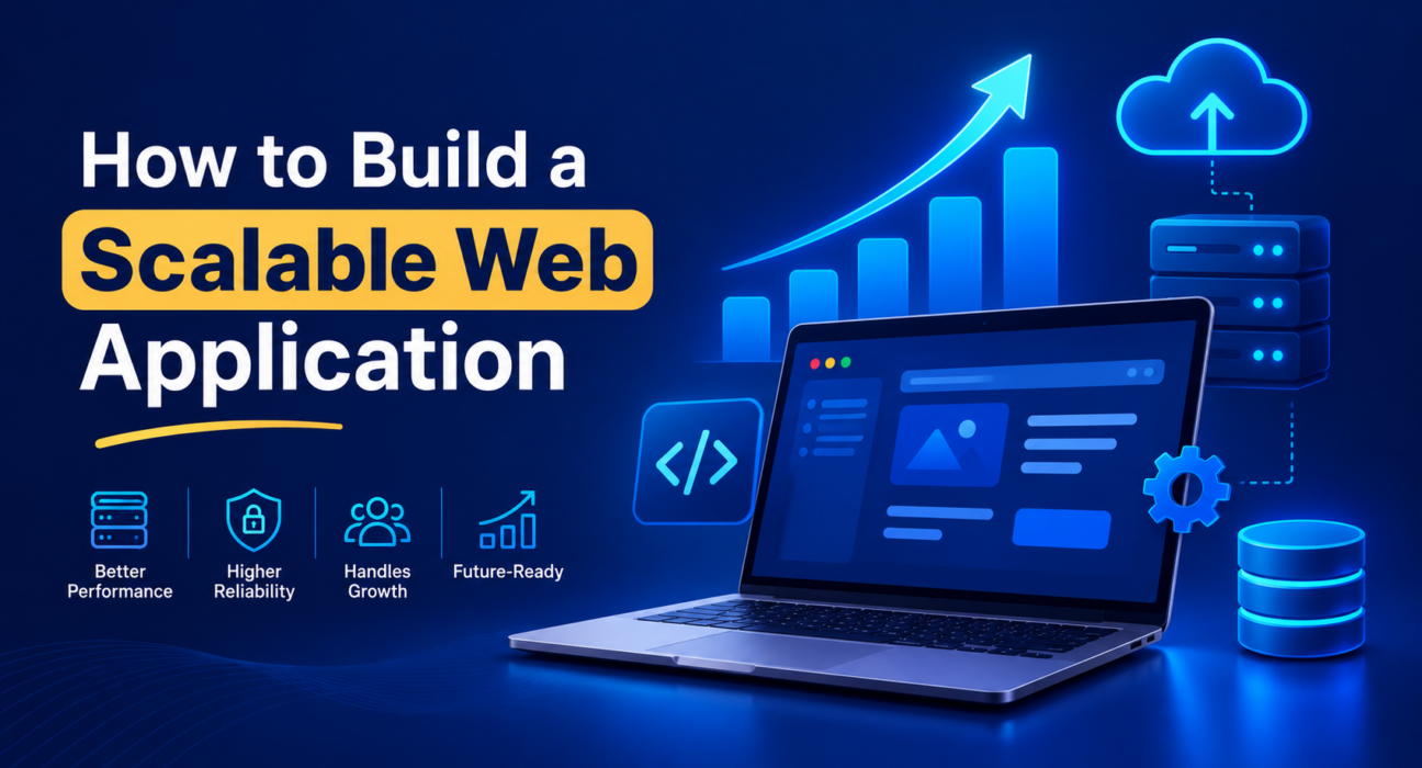 Scalable web application development banner showing a laptop, cloud infrastructure, growth chart and scalability features.