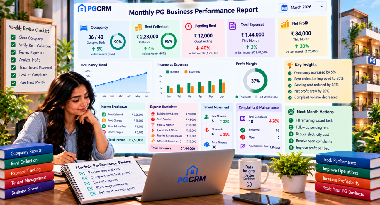Monthly PG business performance report showing occupancy, rent collection, pending rent, expenses, net profit, tenant movement, complaints, and next-month actions.