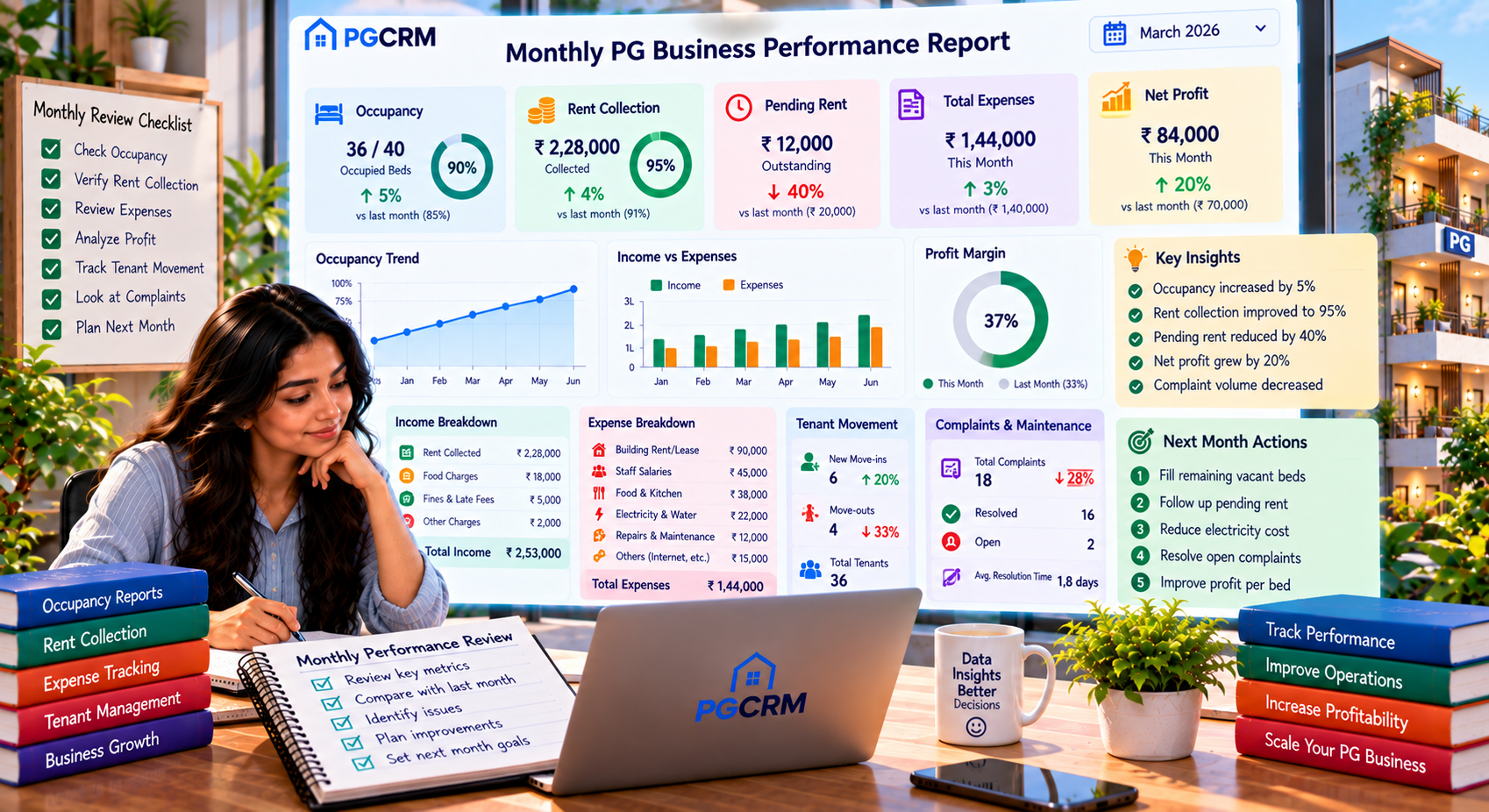 Monthly PG business performance report showing occupancy, rent collection, pending rent, expenses, net profit, tenant movement, complaints, and next-month actions.