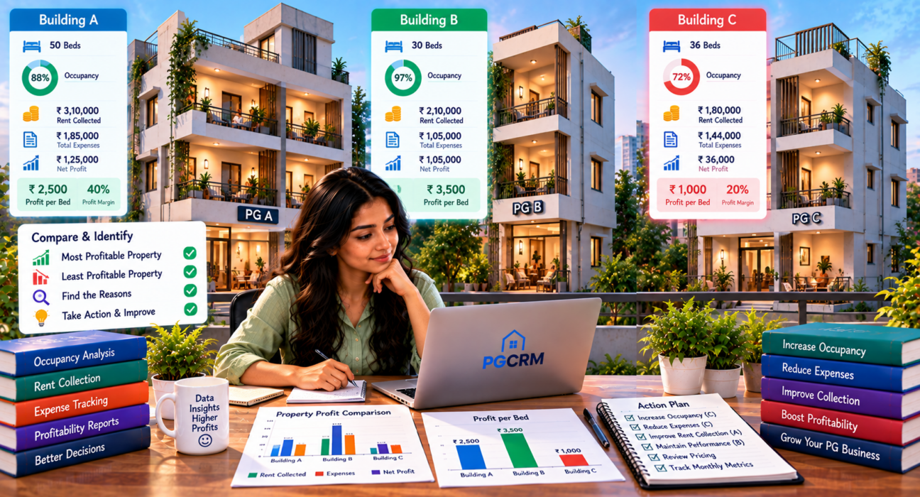 PG property profitability comparison showing three buildings with occupancy, rent collected, expenses, net profit, profit per bed, and profit margin.