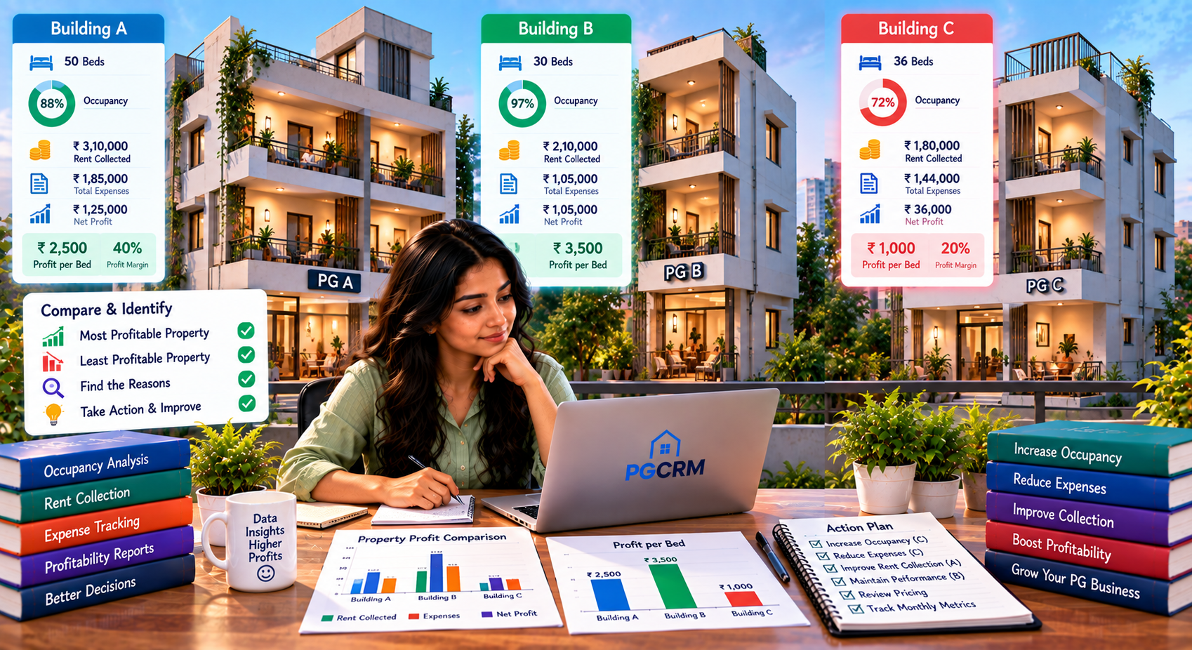 PG property profitability comparison showing three buildings with occupancy, rent collected, expenses, net profit, profit per bed, and profit margin.