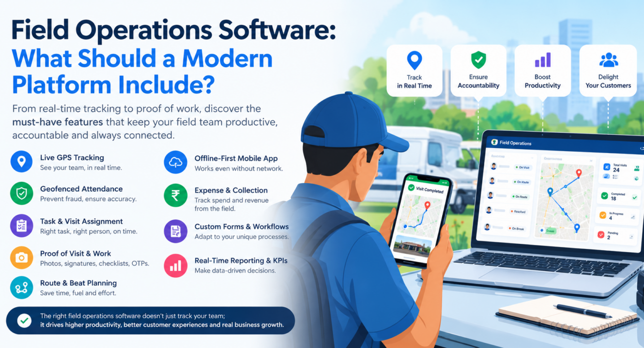 Modern field operations software with GPS tracking, task management, route planning, mobile app, and real-time reporting dashboard