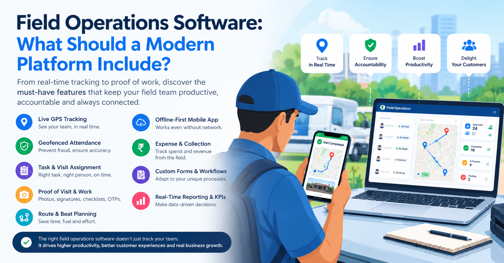 Modern field operations software with GPS tracking, task management, route planning, mobile app, and real-time reporting dashboard