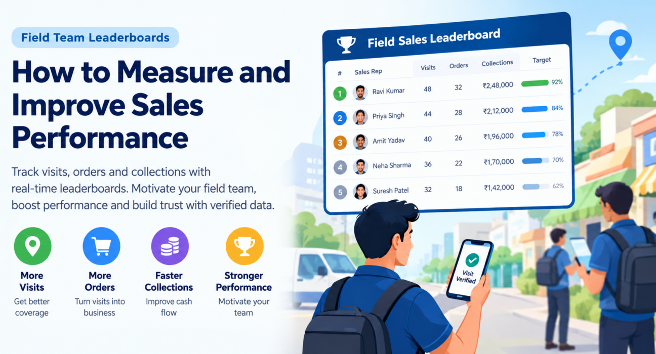 Alt Text: Field sales leaderboard showing sales rep visits, orders, collections, and target performance
