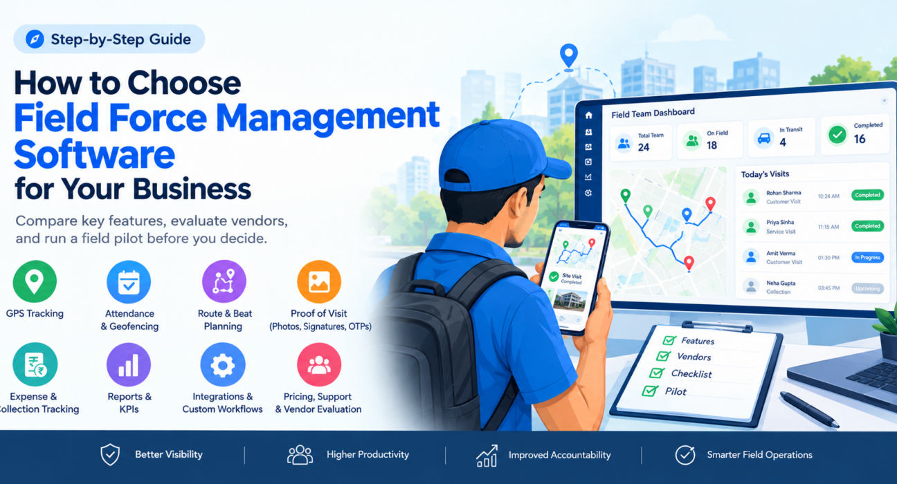 Field force management software evaluation checklist showing GPS tracking, attendance, route planning, reporting, and field team management