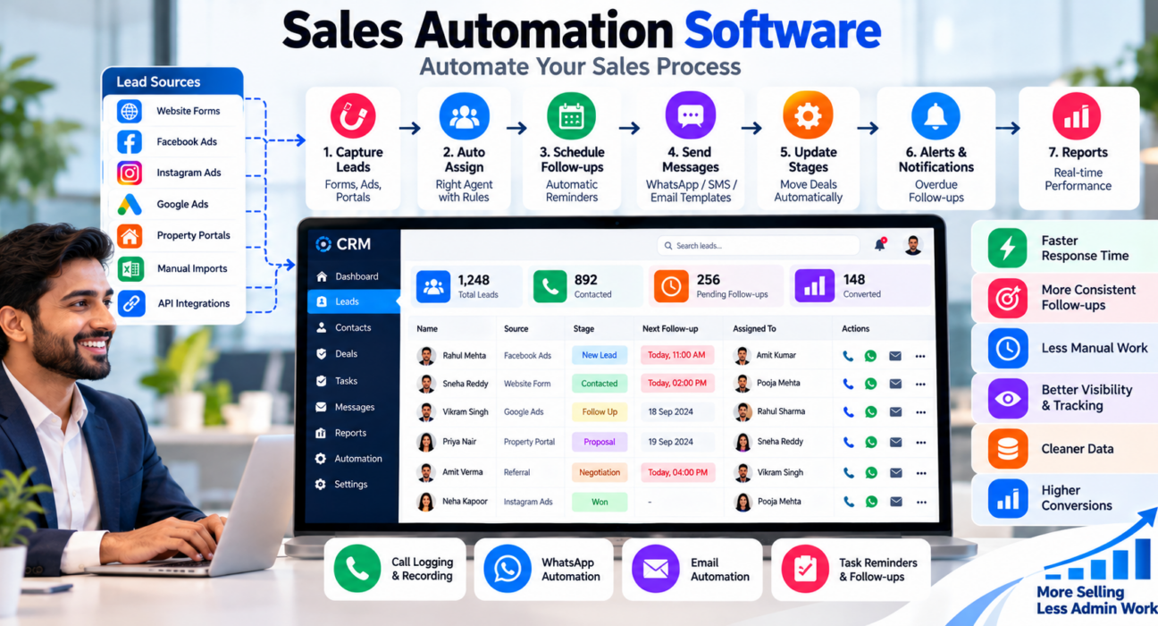 Sales automation software dashboard showing lead capture, automatic lead assignment, follow-up scheduling, automated messaging, sales pipeline, alerts, and reports