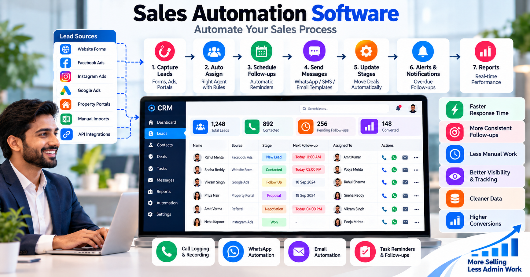Sales automation software dashboard showing lead capture, automatic lead assignment, follow-up scheduling, automated messaging, sales pipeline, alerts, and reports