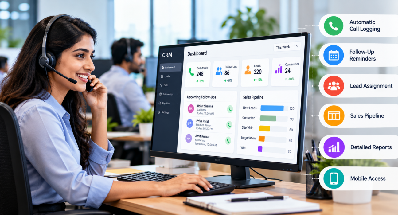 Sales activity management CRM dashboard showing call tracking, follow-up reminders, lead management, sales pipeline, and performance reports.