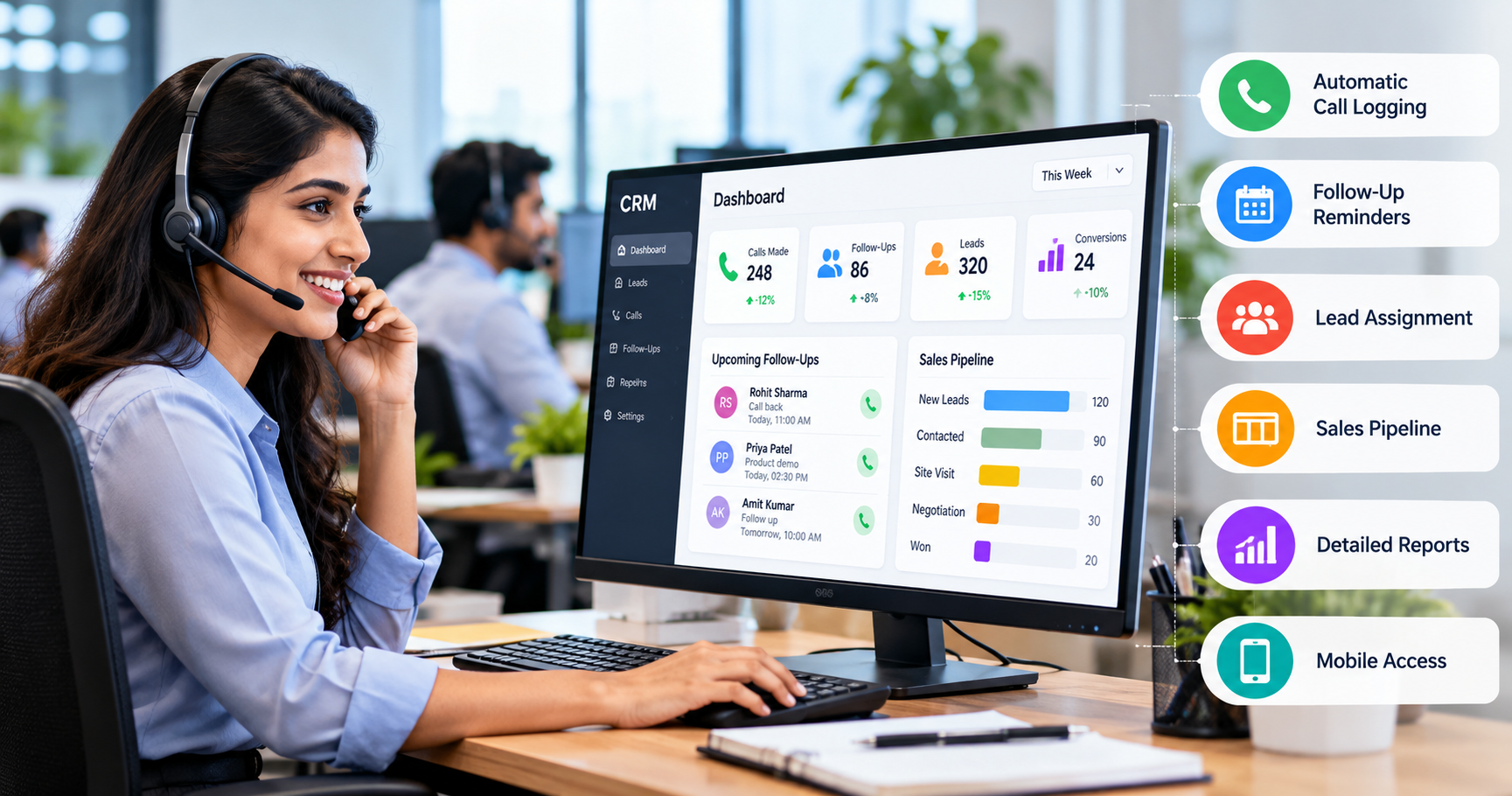 Sales activity management CRM dashboard showing call tracking, follow-up reminders, lead management, sales pipeline, and performance reports.