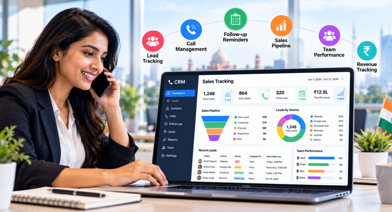 Sales tracking software dashboard displaying lead tracking, call management, follow-up reminders, sales pipeline, and team performance analytics.